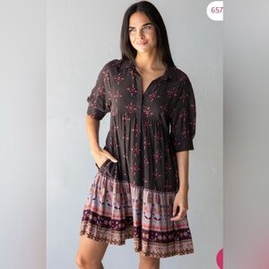 Natural life Becca mini brown pink Floral collared Dress button down size med